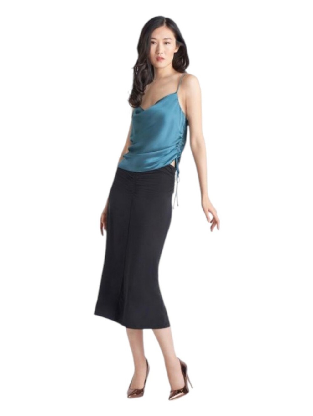 NEW Black Tape Ruched Midi Skirt
